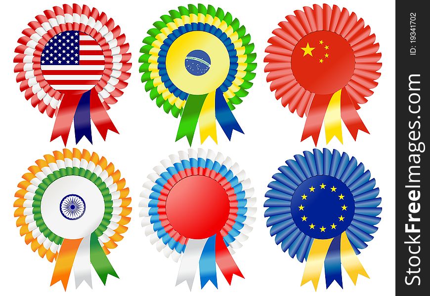 Rosettes to represent possible super powers of current time including USA, Brazil, Republic of China, India, Russian Federation and European Union. Rosettes to represent possible super powers of current time including USA, Brazil, Republic of China, India, Russian Federation and European Union