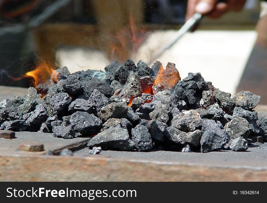 Furnace with hot flaming coal. Close-up shot. Furnace with hot flaming coal. Close-up shot.