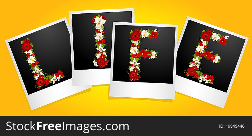 Word from flowers in photo frames, illustration