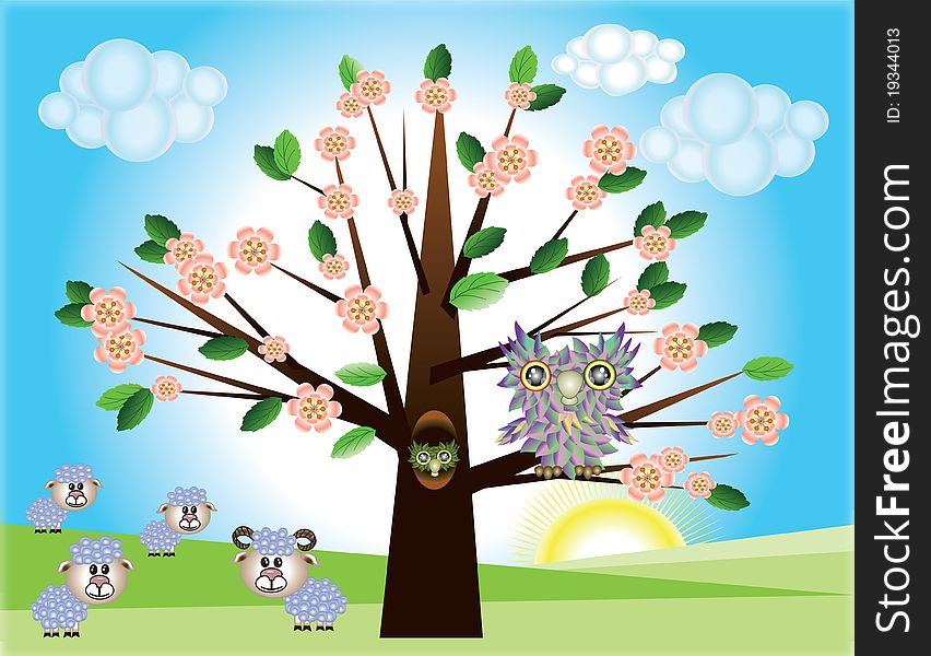 Tree ,owl and sheep outdoor