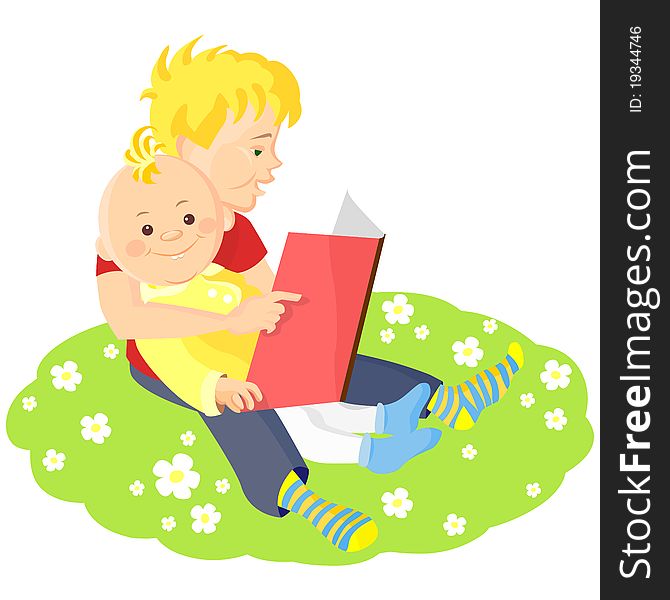 Two boys sitting on a green lawn with white flowers and read a book. Two boys sitting on a green lawn with white flowers and read a book