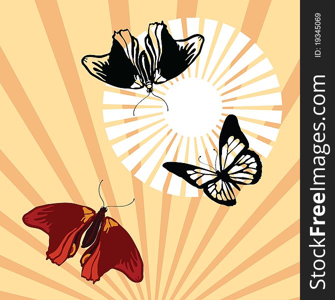 Colored butterfly and two black silhouettes on stripped background. Vector illustration. Colored butterfly and two black silhouettes on stripped background. Vector illustration.