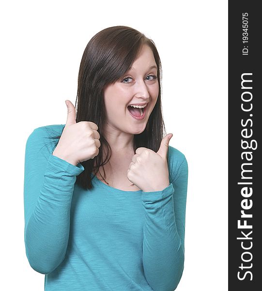 An exressive, happy young woman gives the thumbs up. Set against a white background. An exressive, happy young woman gives the thumbs up. Set against a white background.