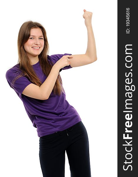 Young attractive woman with weights isolated on white background