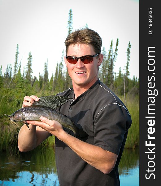 Man successfully fishing for Arctic Grayling in Interior Alaska. Man successfully fishing for Arctic Grayling in Interior Alaska