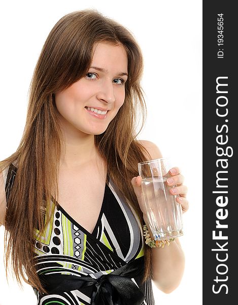 Young woman with glass of water isolated against white background