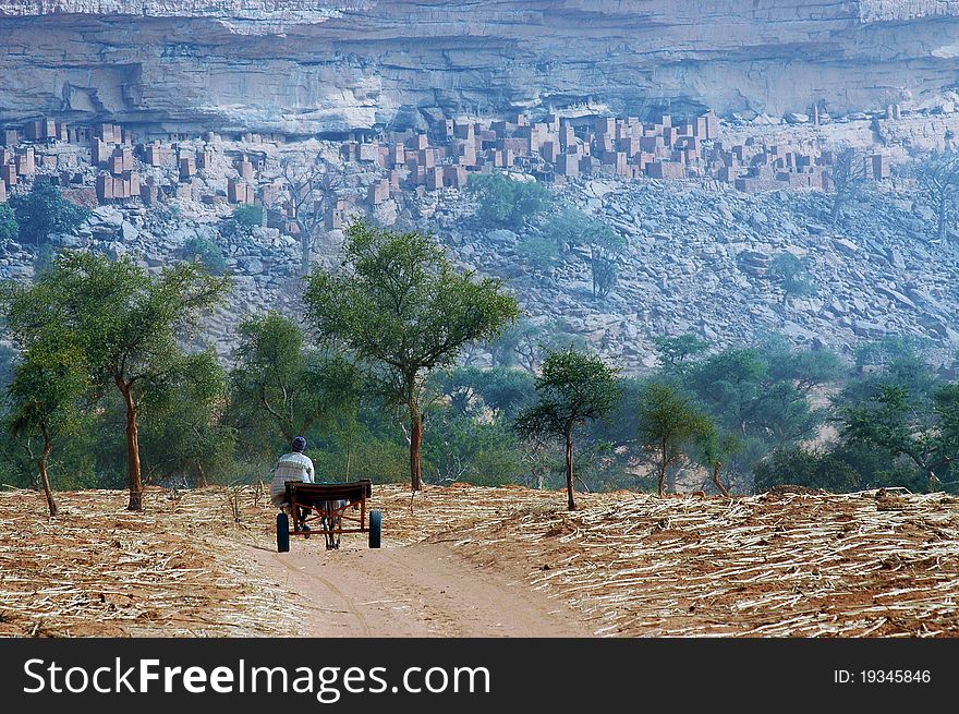 A Dogon man with donkey and cart approaching a village at the base of the Bandiagara escarpment in Mali. A Dogon man with donkey and cart approaching a village at the base of the Bandiagara escarpment in Mali