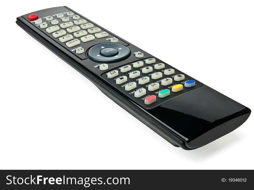 Isolated black remote control from behind on white background