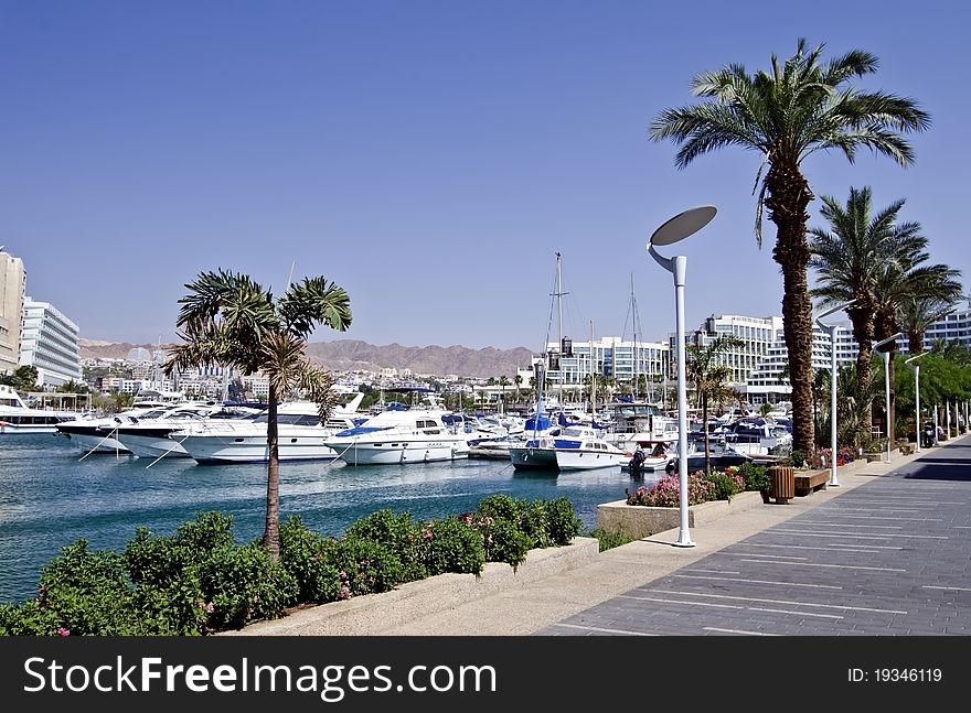 Docked yachts and boats in marina of Eilat, Israel