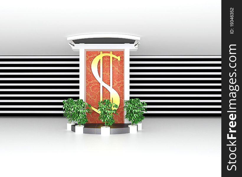 Design of hall with a stand with the image of sign of dollar. Design of hall with a stand with the image of sign of dollar.