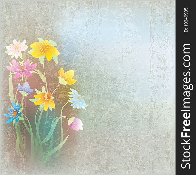 Abstract grunge composition with flowers on dirty background