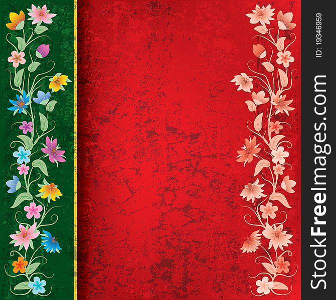 Abstract red grunge background with flowers on green. Abstract red grunge background with flowers on green