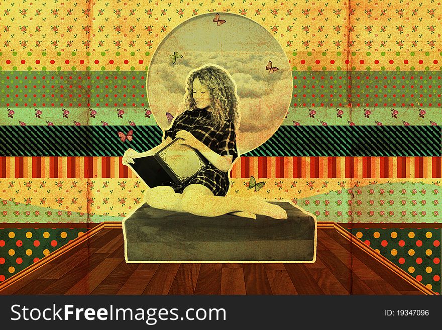 Beauty woman in fairy room with book, sky in window