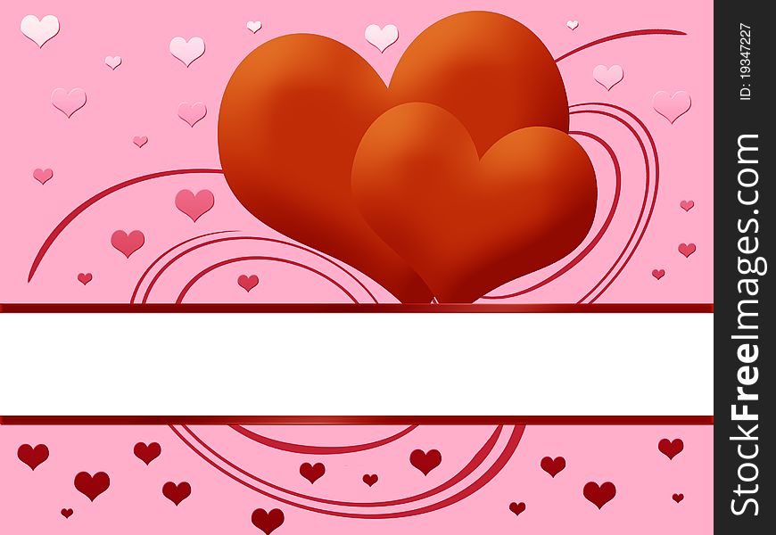 Two red hearts on a pink background with space for inscriptions