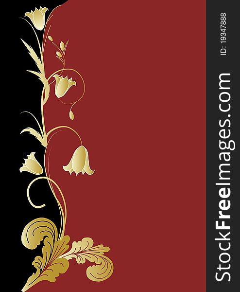 Gold flowers on black and red background. Gold flowers on black and red background