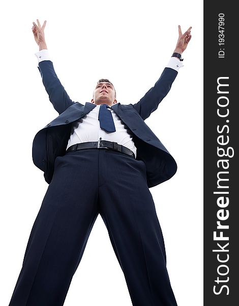 Very happy successful gesturing business man, isolated on white, view from below