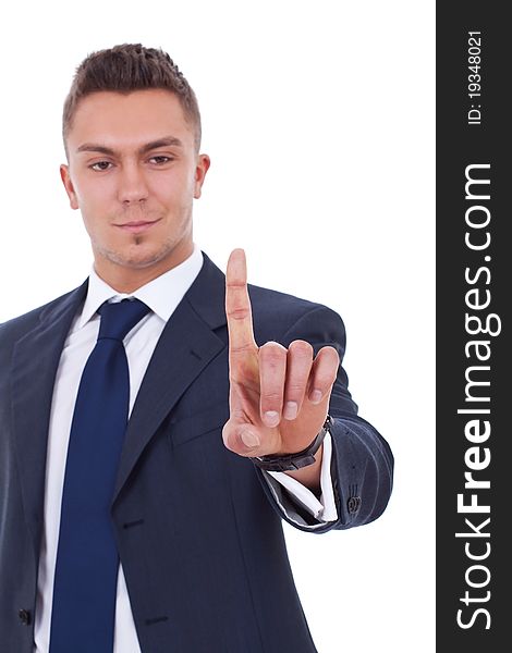 Picture of a business man pressing an imaginary button over white