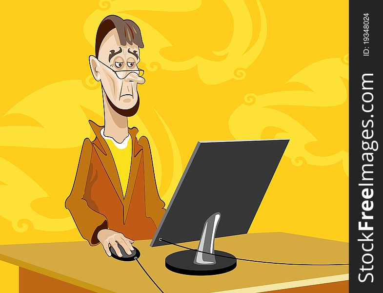 Man in glasses looking at a monitor on a yellow background. Man in glasses looking at a monitor on a yellow background