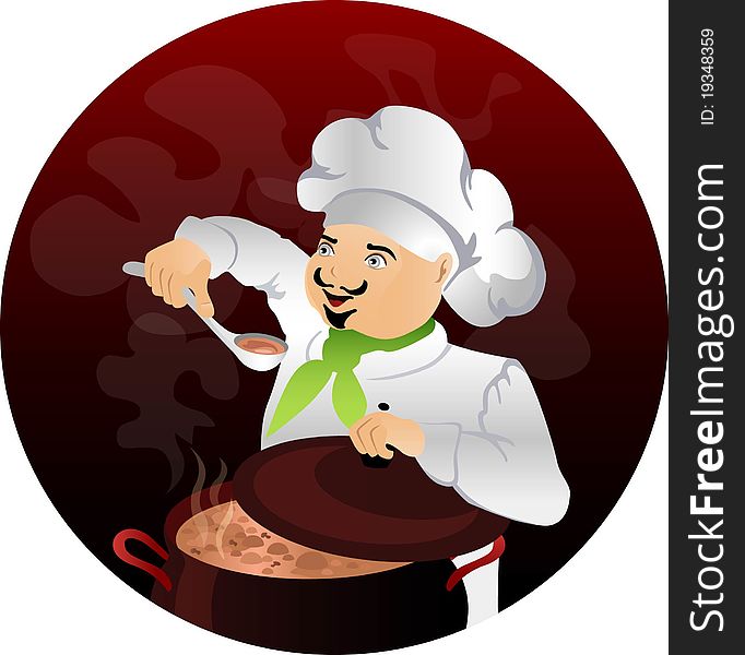 A cook prepares food on a dark background. A cook prepares food on a dark background