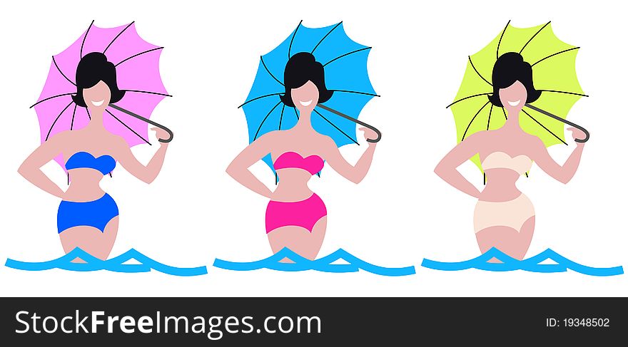 Three young women with multicoloured parasols. Summer. Three young women with multicoloured parasols. Summer