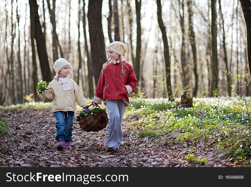 An image of two sisters walking n the wood