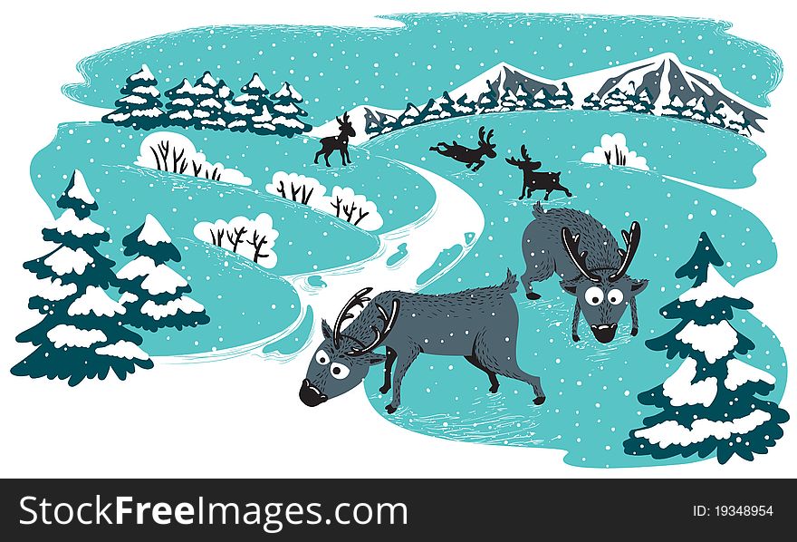 Winter landscape with cute deers