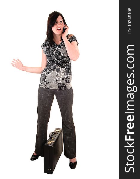 A young business woman with a briefcase and a cell phone in her hand, in slakes and blouse, for white background. A young business woman with a briefcase and a cell phone in her hand, in slakes and blouse, for white background.