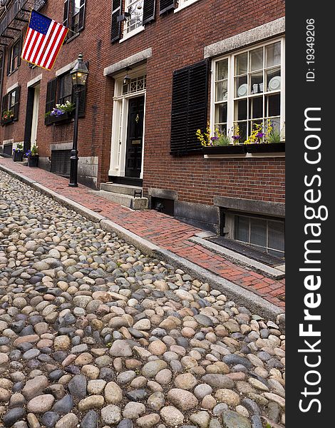Close up view of Acorn Street in Boston, Massachusetts - USA.