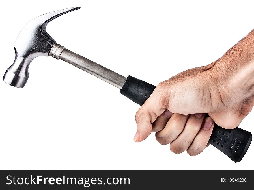 Mans hand holding a hammer on wite background
