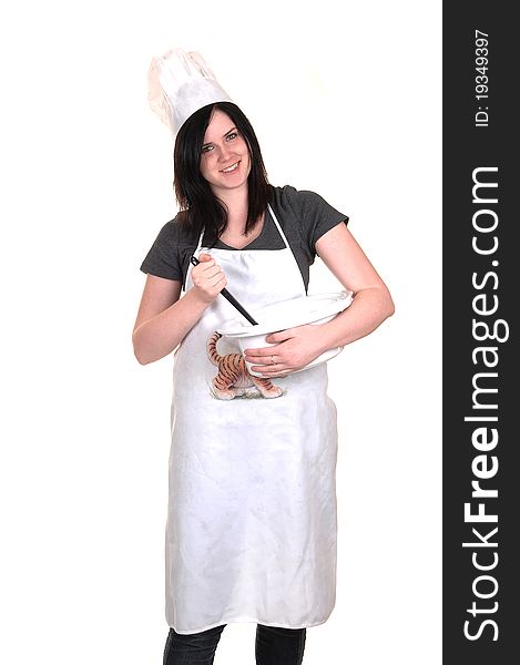 A pretty young woman, holding a cook pot, standing with an apron, 
black hair and a cook hat for white background. A pretty young woman, holding a cook pot, standing with an apron, 
black hair and a cook hat for white background.