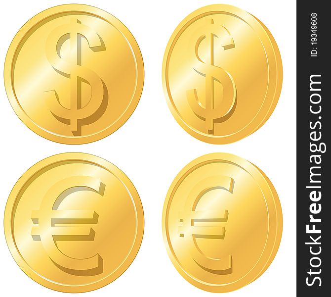 Gold coins. Euro and dollar.