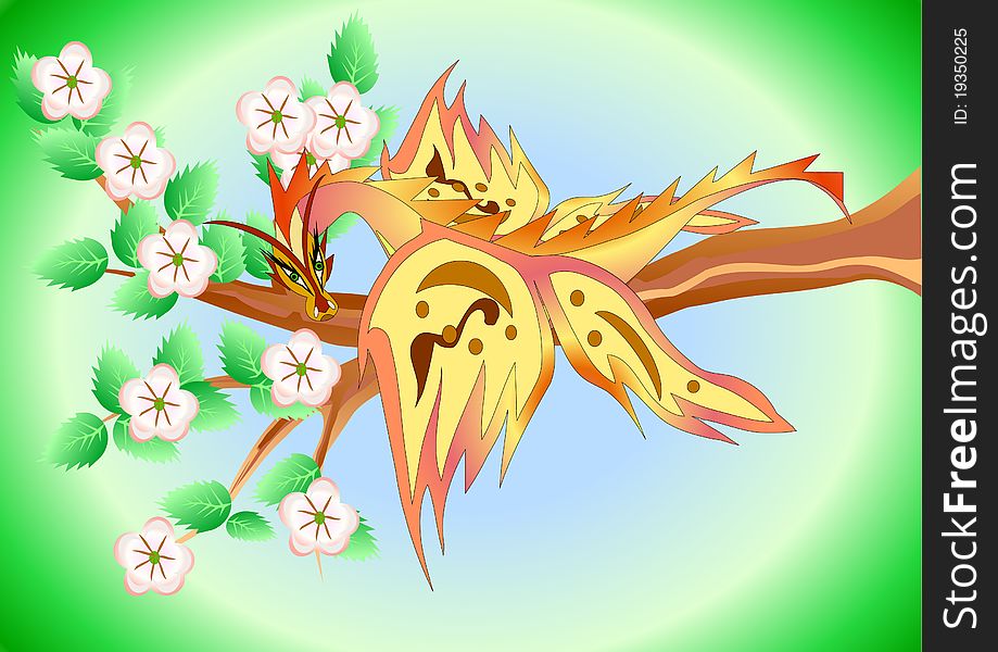 Dragon With Wings Of The Butterfly On A Blossoming