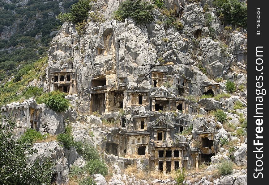 Lycian rock tombs in the town of Mira, Turkey