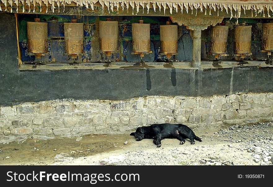 Old prayer wheels in Tibet with sleeping dog. Old prayer wheels in Tibet with sleeping dog.
