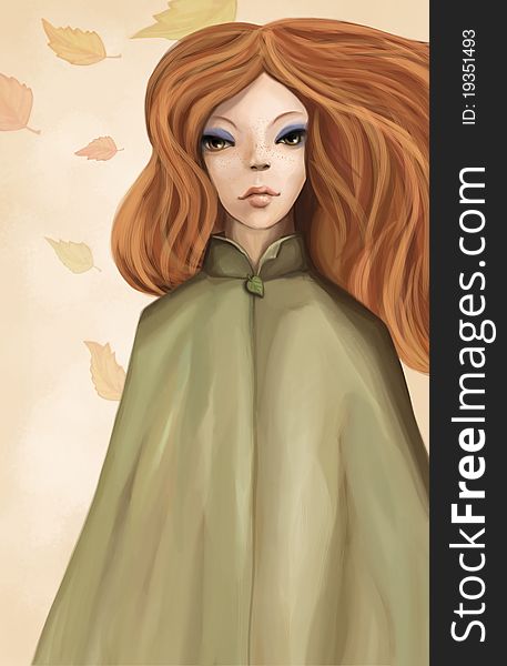 Portrait of beauty redhead woman with long hair and coat, digital painting