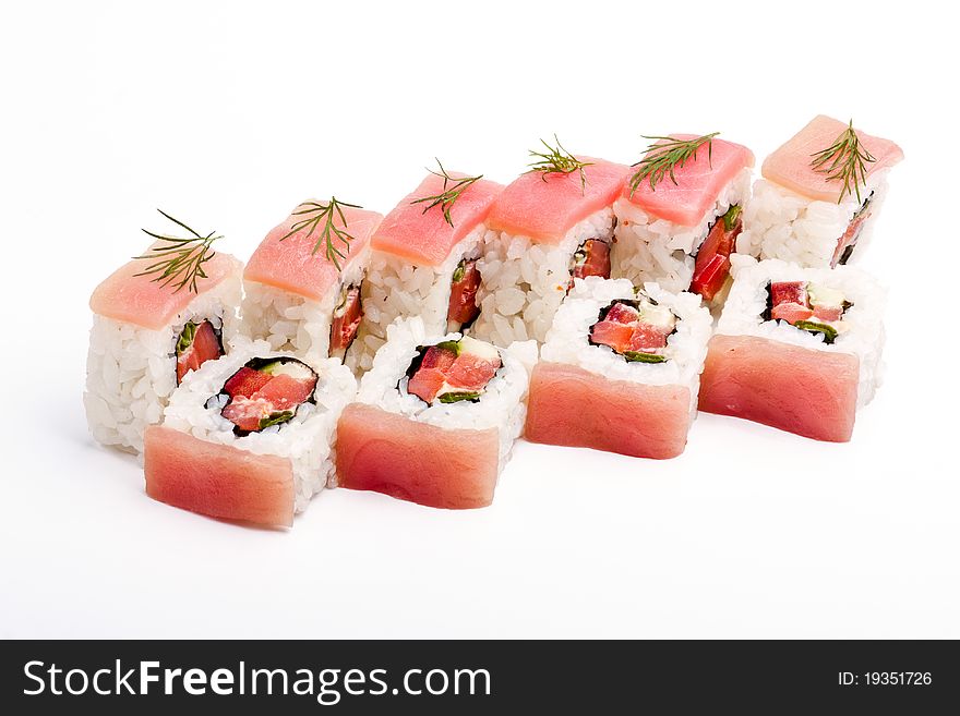 Set of tuna-rolls with rice and salmon. Set of tuna-rolls with rice and salmon