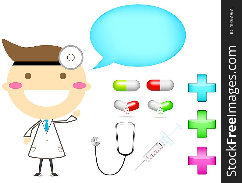 Cartoon doctor with tool drug and cross sign isolated on white background
