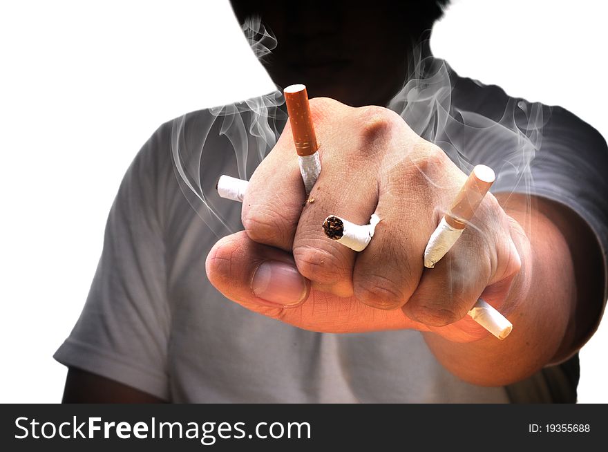 A man fist full with cigarette with isolated white background