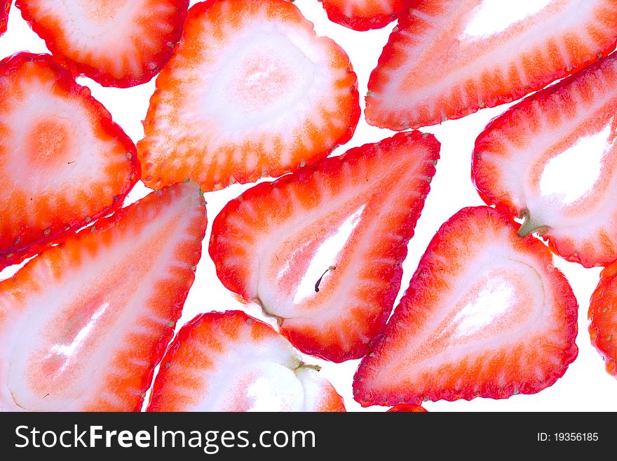 Strawberry background, closeup shot on white