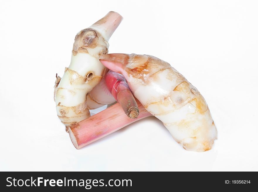 A selection of galangal roots isolated against a white background