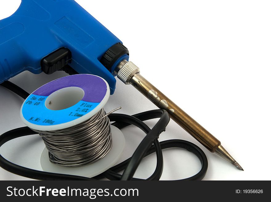Blue soldering tools on white background