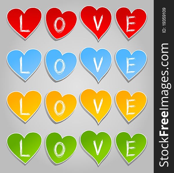 Inscription love on hearts of different colours. A  illustration. Inscription love on hearts of different colours. A  illustration