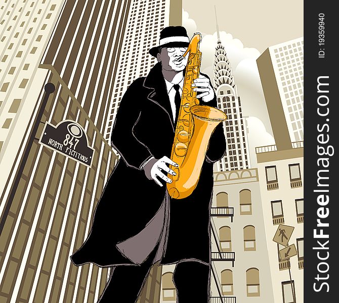 Vector illustration of saxophone player in a street