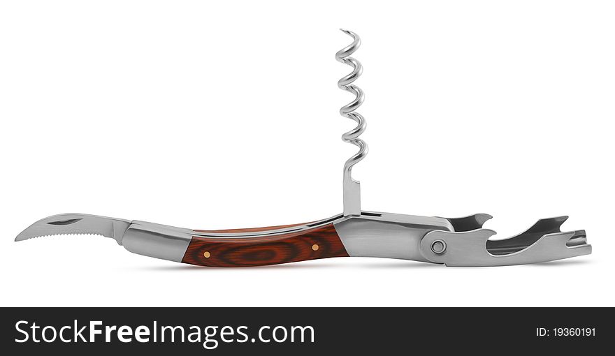 Modern metal corkscrew on a white background