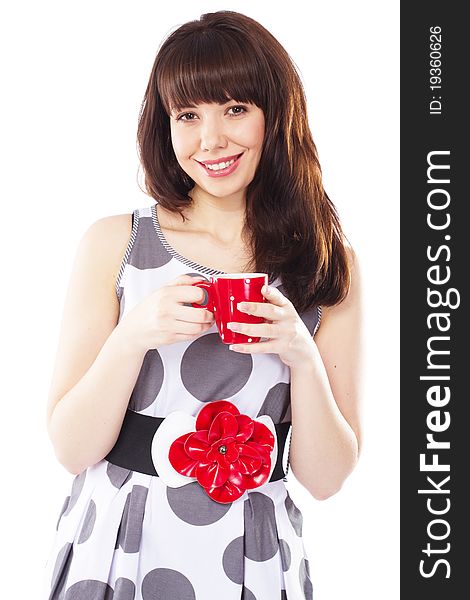 Beautiful lady with a cup of tea, white background