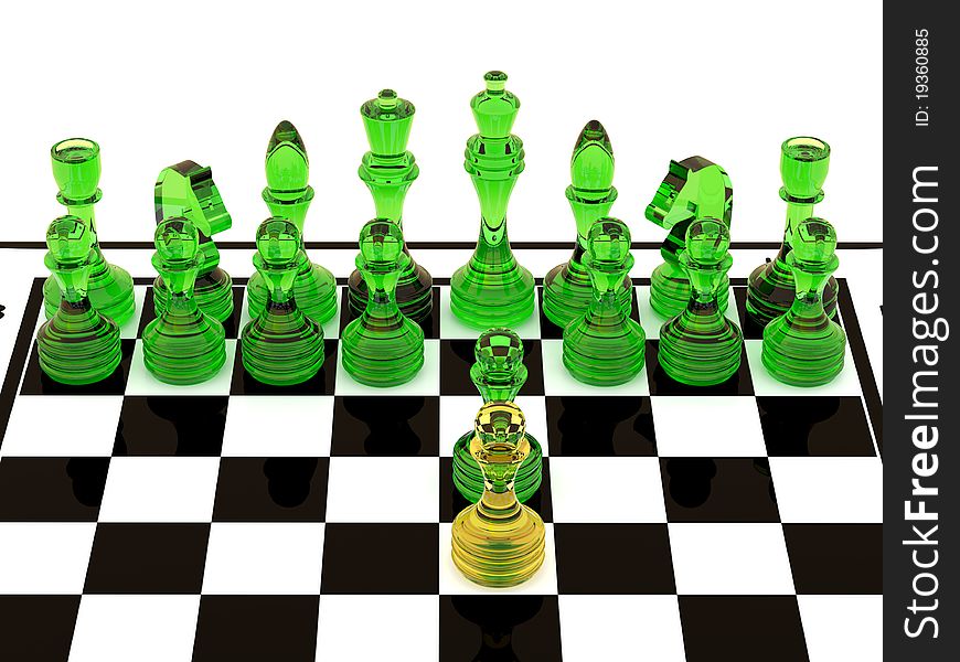 3d render transparent glass chess pieces. Isolated on white background.