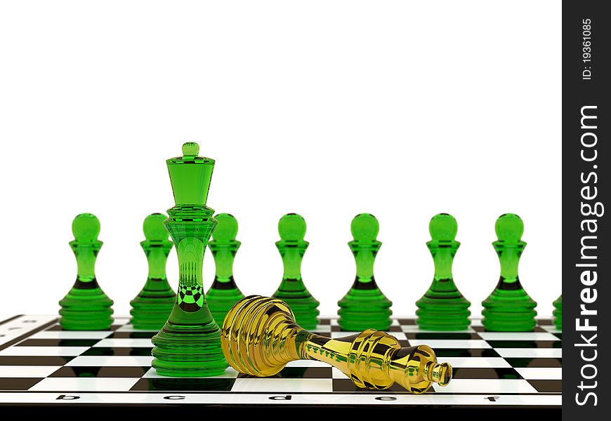 3d render glass chess pieces set on the board.