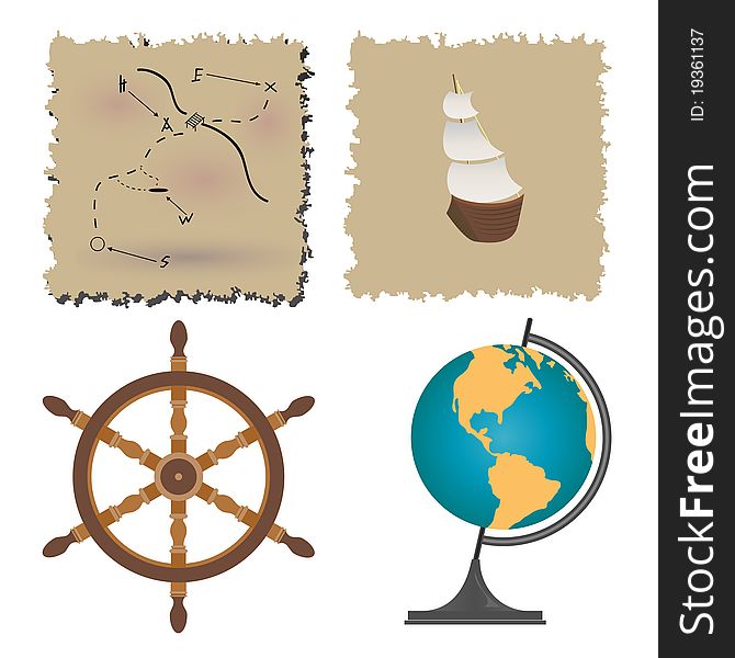 An old map showing a treasure. Ancient ship, steering wheel and the globe. An old map showing a treasure. Ancient ship, steering wheel and the globe.