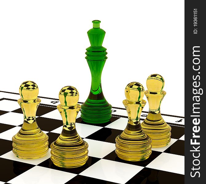 3d render glass chess pieces set on the board.