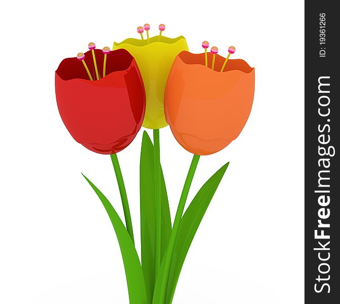 3d render colored tulips isolated on white